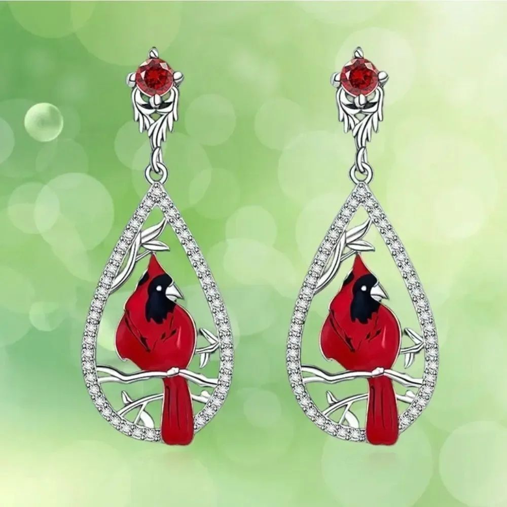 Red Cardinal Silver Diamond Earrings